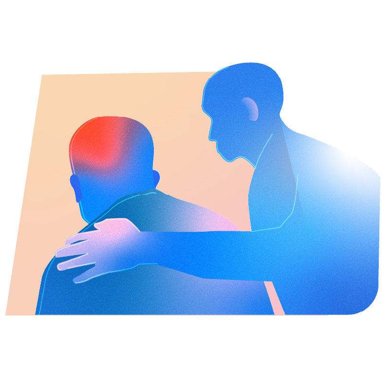 Illustration of one person comforting another with a hand on their shoulder, highlighting the back of the head.