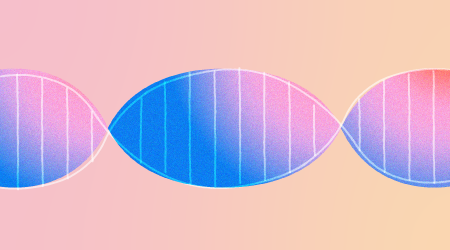 Abstract close-up of a colorful DNA double helix with blue and pink gradients on a peach background.