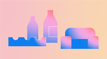 Abstract gradient illustration of two bottles, a box, and a couch on a pink background.
